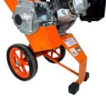 close up of chute Petrol wood chipper garden shredder